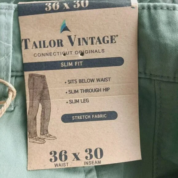 Tailor Vintage Mens Slim Fit Stretch Chino Pant Size 36 X 30 Chinois Green NEW